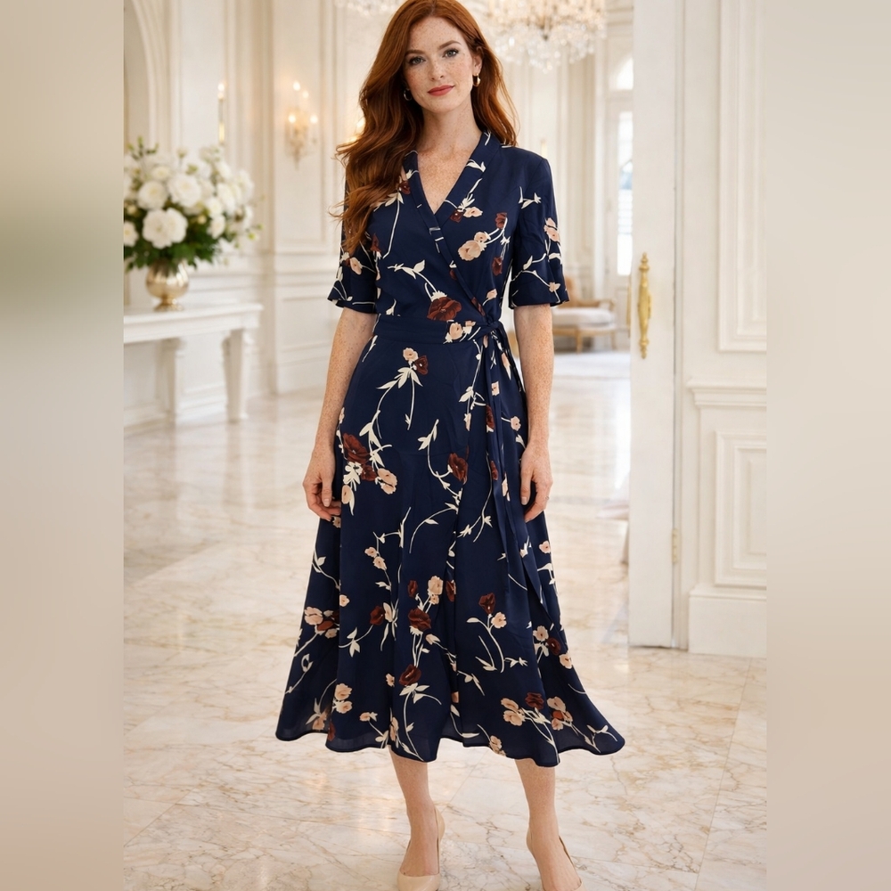GANNI💐NWOT💐PRETTY FLORAL Navy Wrap Midi Dress TIE WAIST Flattering Fit Sz 36